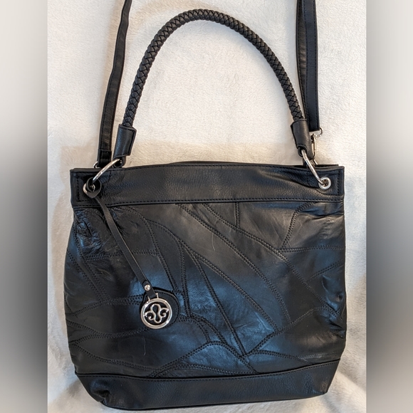 Jet Black Macy's Madi Claire Patchwork Real Leather Shoulder Crossbody Bag - Picture 6 of 9